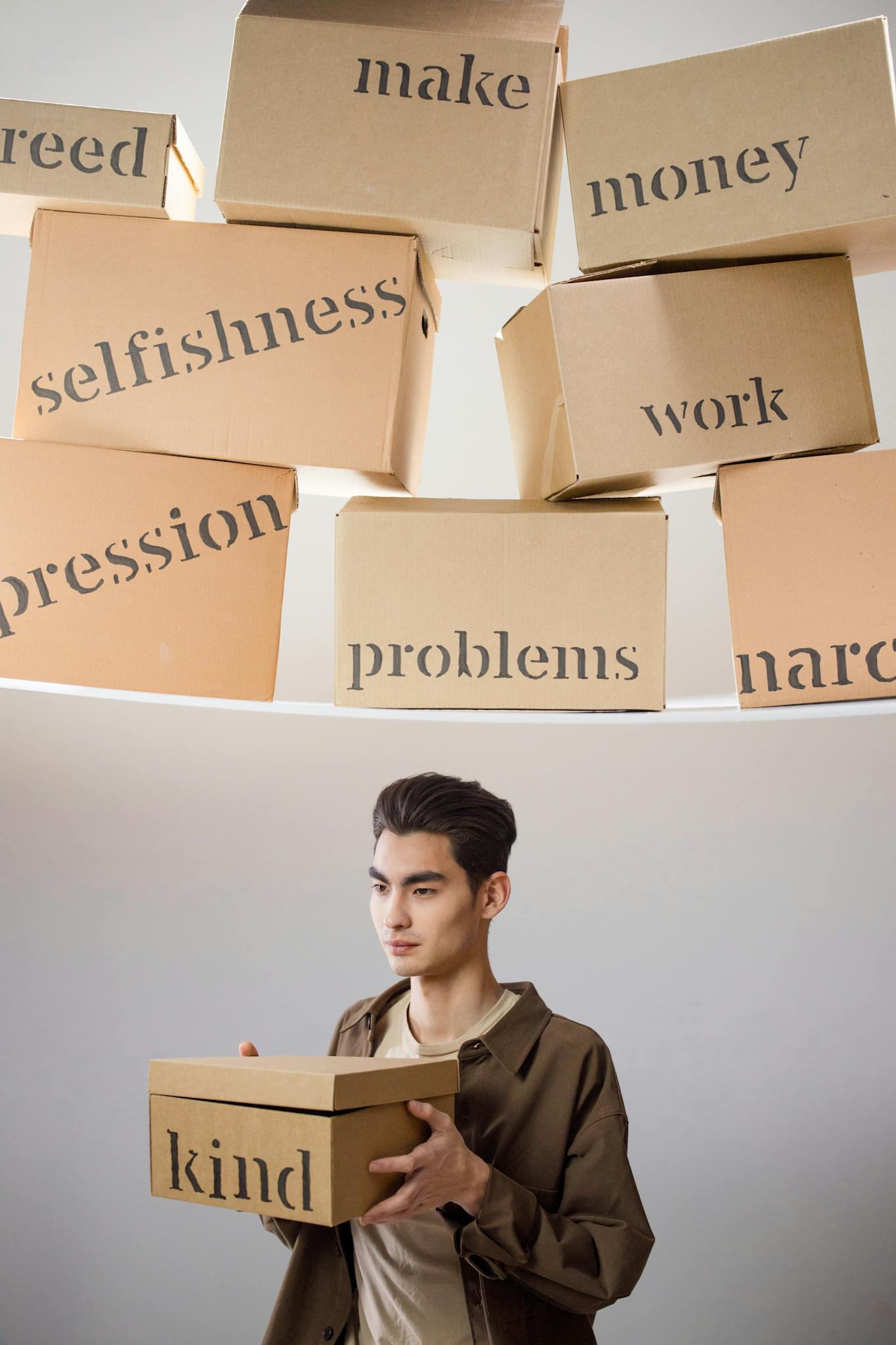 A young man holds a box labeled 'kind' while surrounded by boxes with negative words.